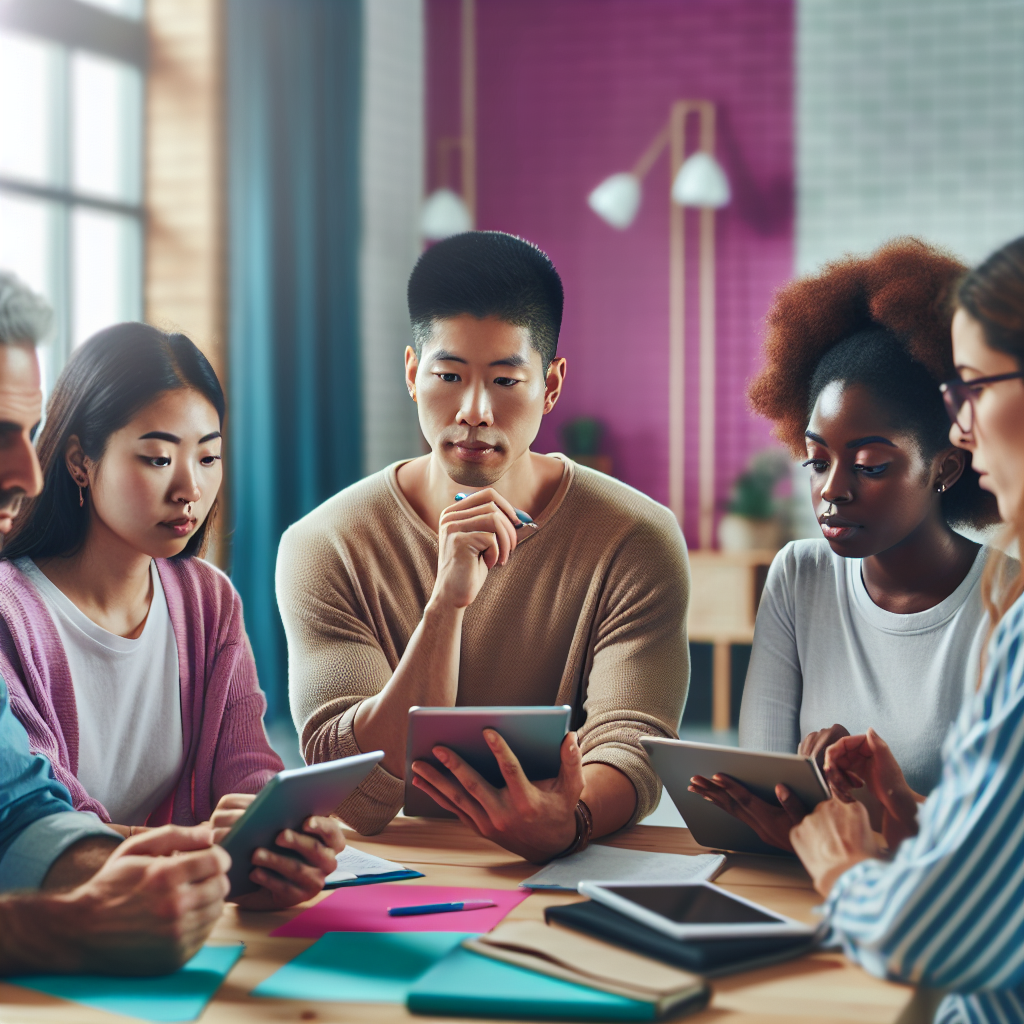 Diverse group of adult learners participating in moderated financial literacy discussion threads using tablets and notebooks inside a bright community hub with magenta and turquoise decor elements.