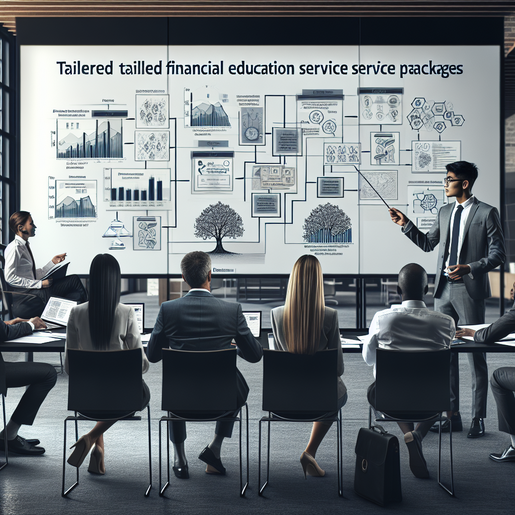 Consultant explaining tailored financial education service packages using structured flowcharts while a small business team takes notes in a contemporary seminar room.